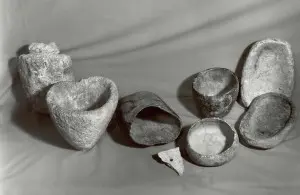 Soapstone bowls. Soapstone (steatite) is soft and easy to carve. The bowls were used for cooking and serving food. Collection of History Jackson Hole.