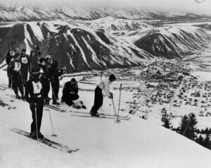 Skiing on Snow King, town of Jackson in valley. History Jackson Hole Collection 1958.1444.001