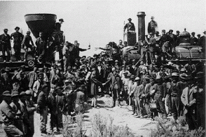photograph of the celebration of the joining of the Union Pacific with the Central Pacific railways